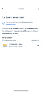 Schermata app IO Cashback dettaglio transazioni